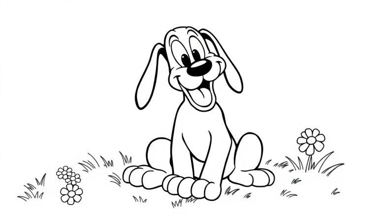 Eine Schwarz-Weiß-Farbtafel eines cartoonhaften Hundes namens Pluto, der in einem Garten sitzt.