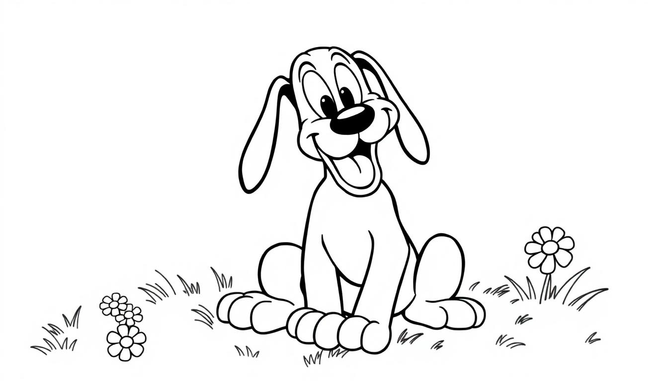 Eine Schwarz-Weiß-Farbtafel eines cartoonhaften Hundes namens Pluto, der in einem Garten sitzt.
