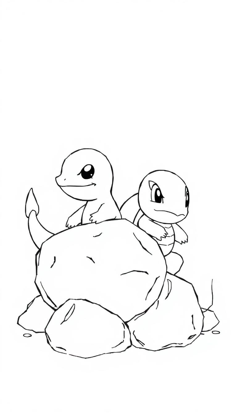Zwei Pokémon, eines mit Flamme, sitzen auf Steinen.