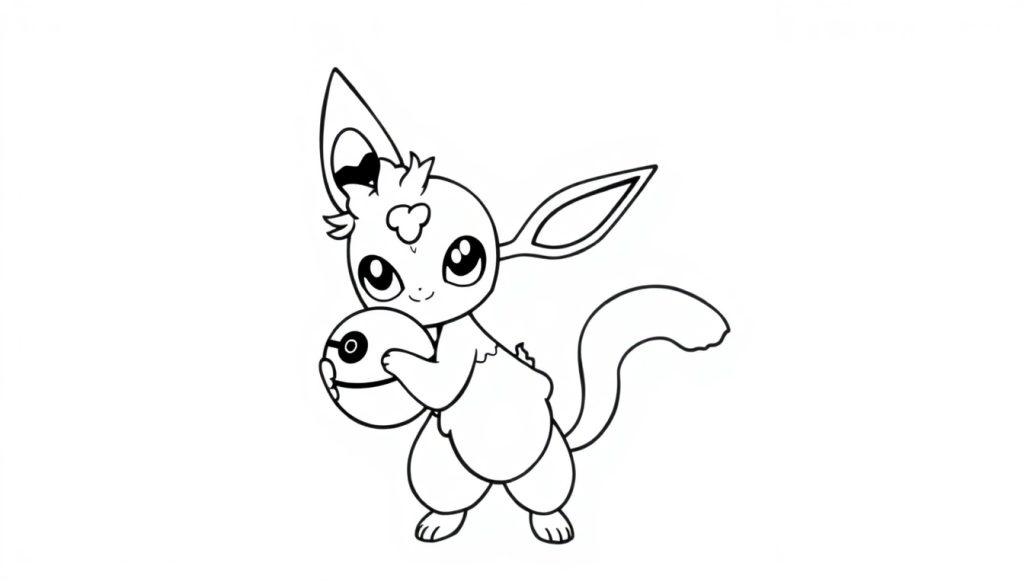 Ein Pokémon im Stil einer Ausmalvorlage hält einen Pokéball.