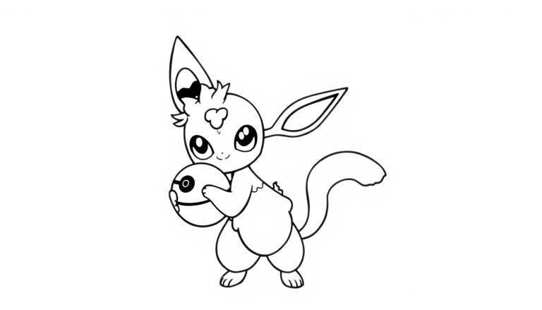 Ein Pokémon im Stil einer Ausmalvorlage hält einen Pokéball.