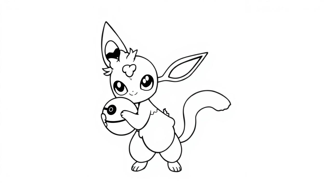 Ein Pokémon im Stil einer Ausmalvorlage hält einen Pokéball.