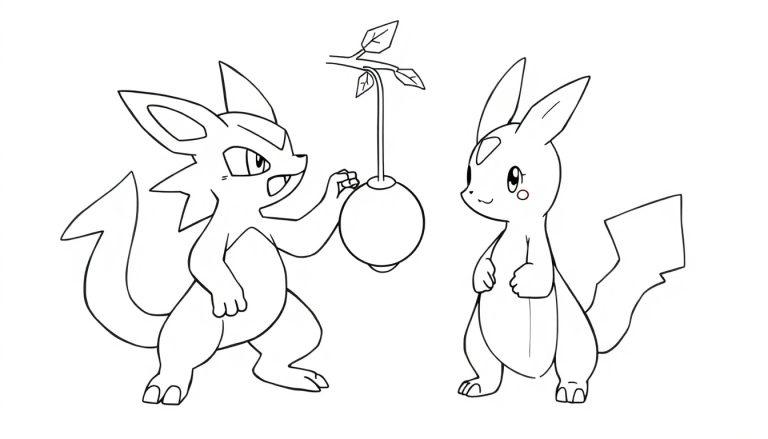 Zwei Pokémon-ähnliche Charaktere, einer fuchsartig und einer kaninchenartig, in Schwarz-Weiß-Umriss-Illustration, die interagieren.