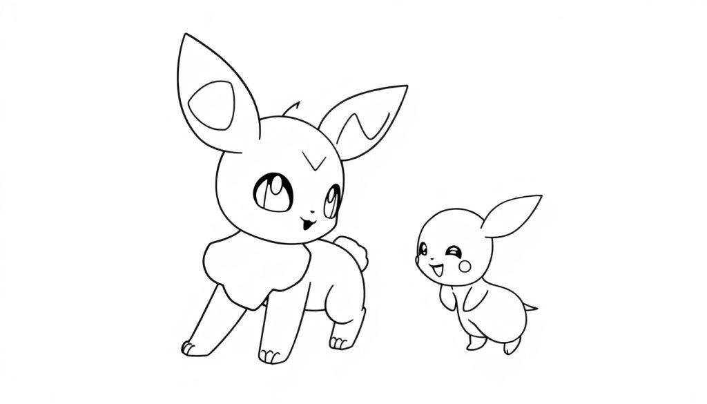 Zwei Pokémon-ähnliche Cartoon-Charaktere: eine große Figur mit spitzen Ohren und ein kleines, rundes Wesen.
