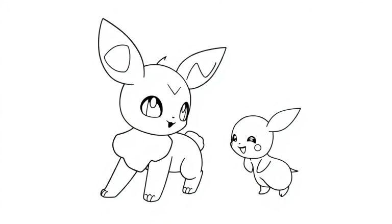 Zwei Pokémon-ähnliche Cartoon-Charaktere: eine große Figur mit spitzen Ohren und ein kleines, rundes Wesen.
