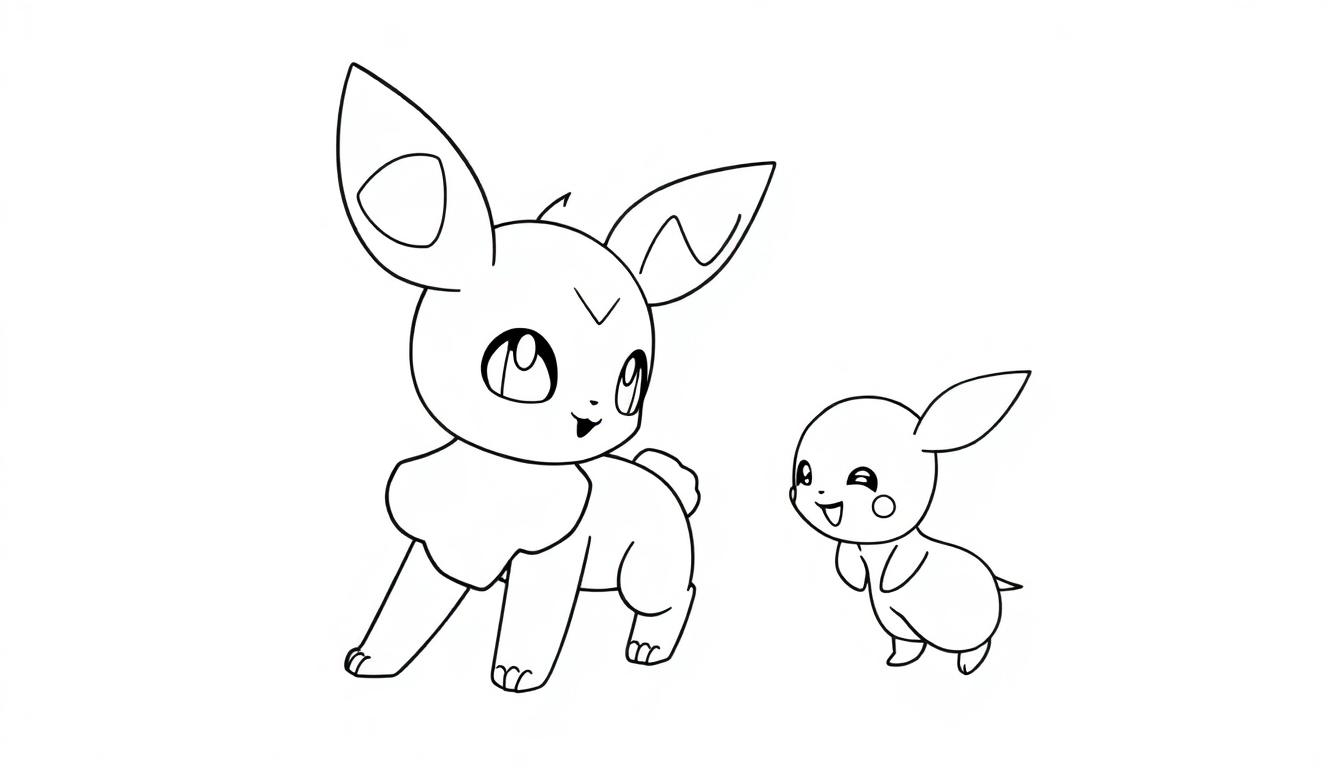 Zwei Pokémon-ähnliche Cartoon-Charaktere: eine große Figur mit spitzen Ohren und ein kleines, rundes Wesen.