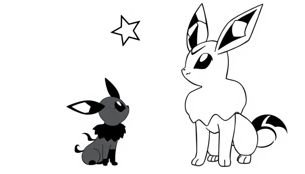 Ein kleines graues Pokémon schaut zu einem großen weißen Pokémon und einem Stern auf.