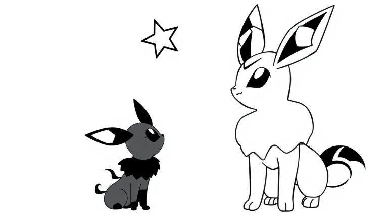 Ein kleines graues Pokémon schaut zu einem großen weißen Pokémon und einem Stern auf.