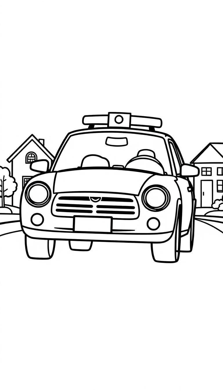 Umrisszeichnung eines Polizeiautos auf einer Straße mit Häusern im Hintergrund