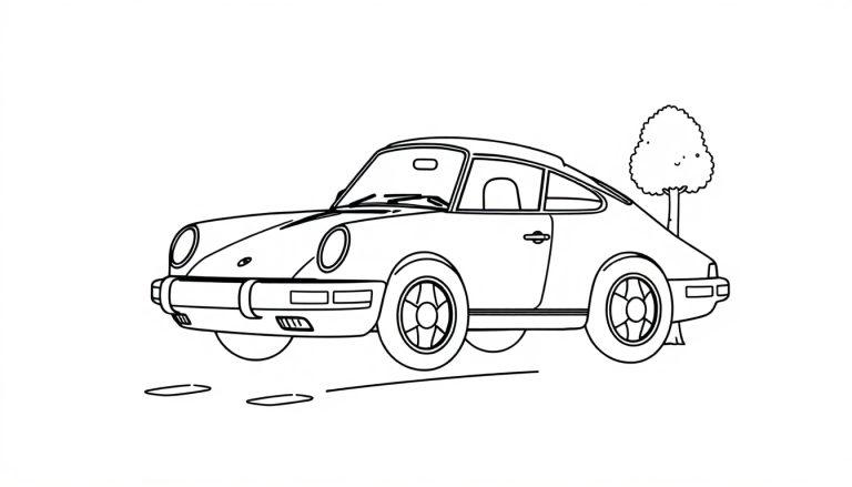 Schwarz-weiße Farbtafel eines stilisierten Porsche 911 mit einem lachenden Baum neben sich, bereit zum Ausmalen.