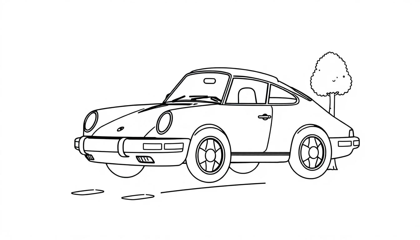 Schwarz-weiße Farbtafel eines stilisierten Porsche 911 mit einem lachenden Baum neben sich, bereit zum Ausmalen.