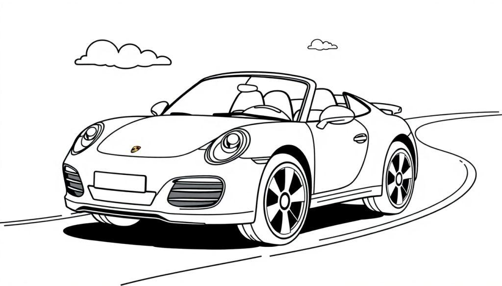 Eine Schwarz-Weiß-Farbtafel-Zeichnung eines Porsche-Cabriolets im Cartoon-Stil auf einer Straße.