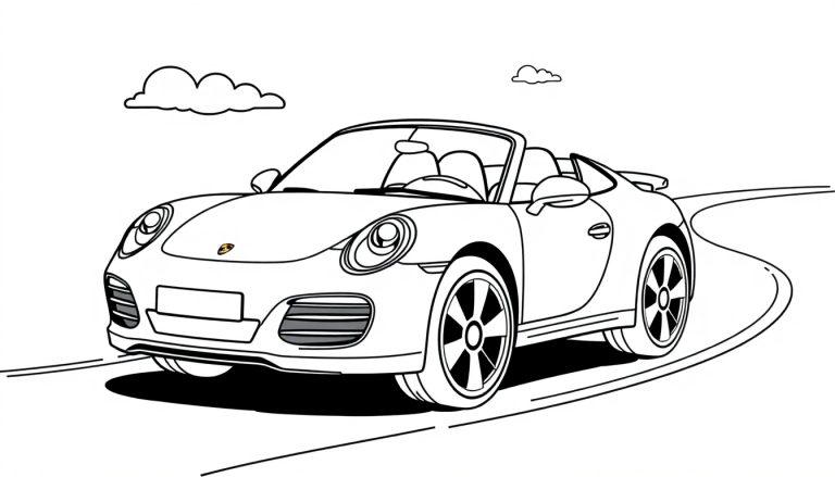 Eine Schwarz-Weiß-Farbtafel-Zeichnung eines Porsche-Cabriolets im Cartoon-Stil auf einer Straße.