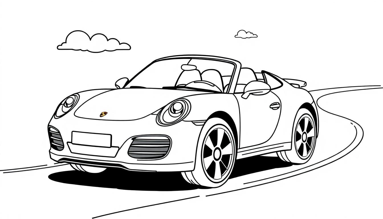 Eine Schwarz-Weiß-Farbtafel-Zeichnung eines Porsche-Cabriolets im Cartoon-Stil auf einer Straße.