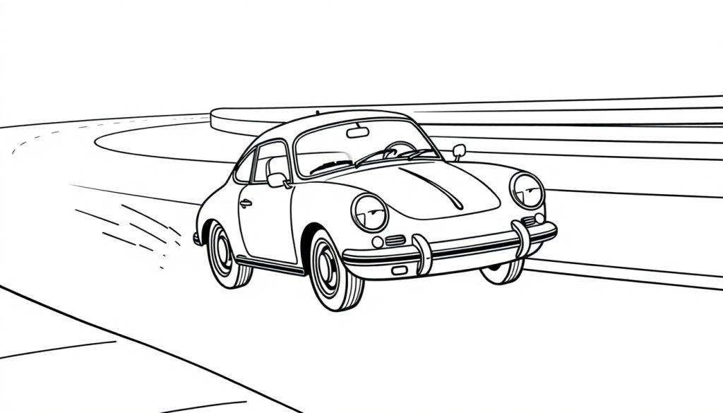 Schwarz-weiße Farbtafel eines niedlichen kleinen Porsches, der über eine kurvenreiche Straße saust.
