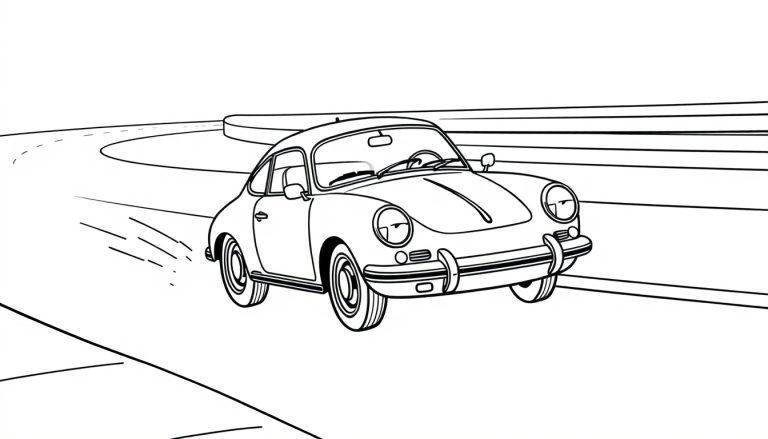 Schwarz-weiße Farbtafel eines niedlichen kleinen Porsches, der über eine kurvenreiche Straße saust.