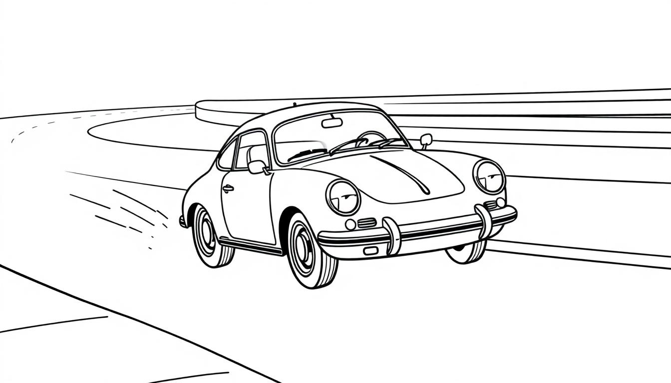 Schwarz-weiße Farbtafel eines niedlichen kleinen Porsches, der über eine kurvenreiche Straße saust.