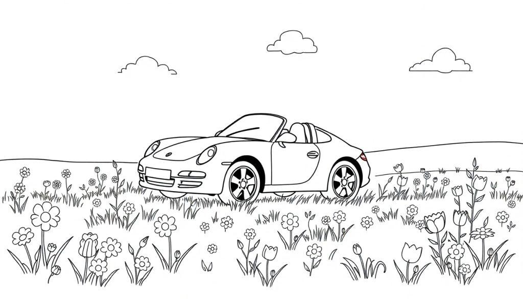 Schwarz-weiße Farbtafel: Ein niedlicher Porsche steht auf einer Blumenwiese unter drei Wolken.