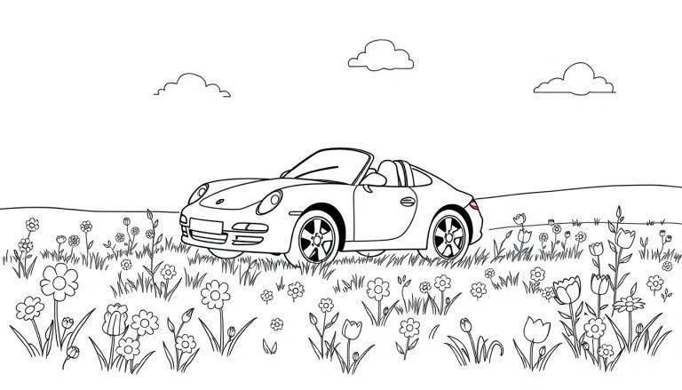 Schwarz-weiße Farbtafel: Ein niedlicher Porsche steht auf einer Blumenwiese unter drei Wolken.