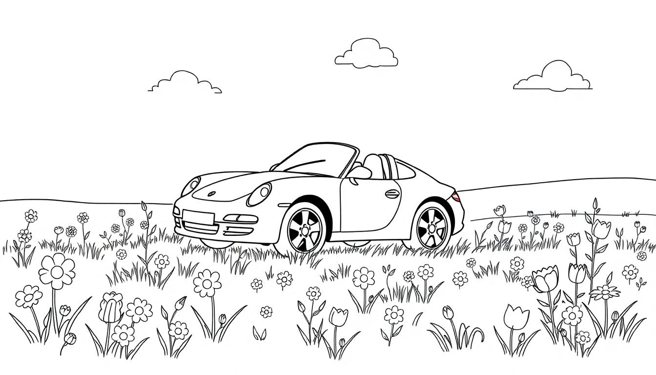 Schwarz-weiße Farbtafel: Ein niedlicher Porsche steht auf einer Blumenwiese unter drei Wolken.