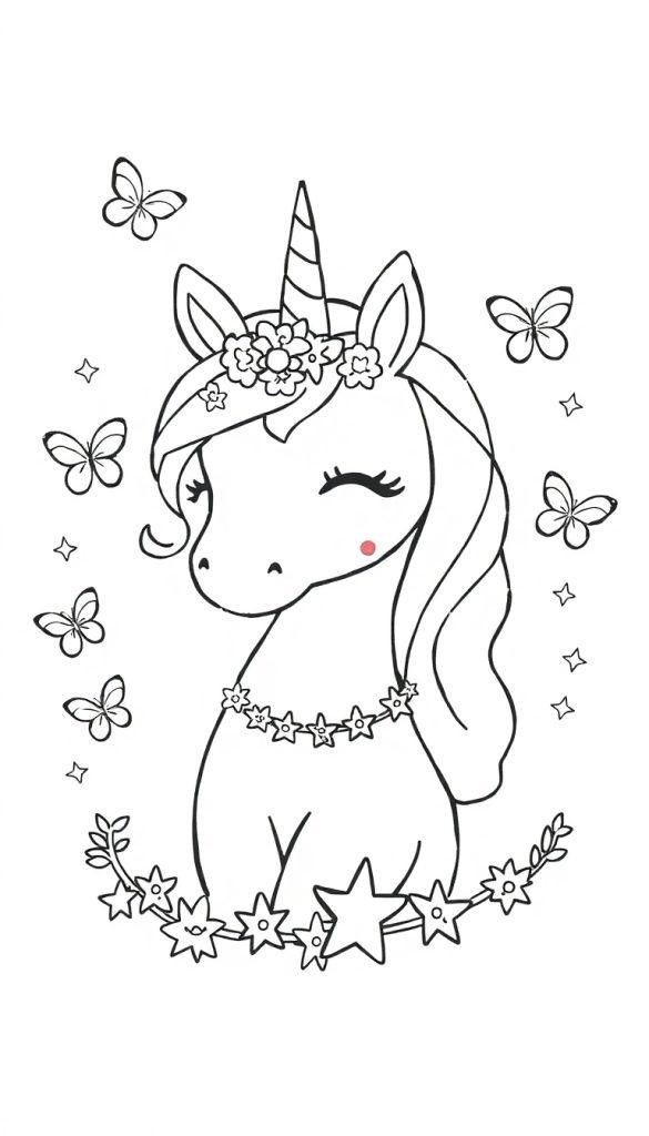 Einhorn mit Blumenkrone und Sternengirlande von Schmetterlingen umgeben