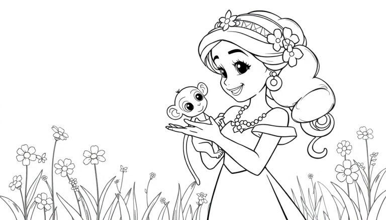 Eine Schwarz-Weiß-Farbtafel mit Prinzessin Jasmin und einem Affen.