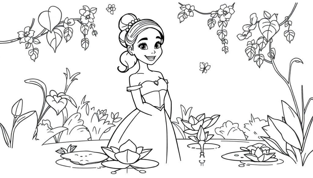 Prinzessin Tiana als Farbtafel in ihrem Ballkleid im Sumpf.