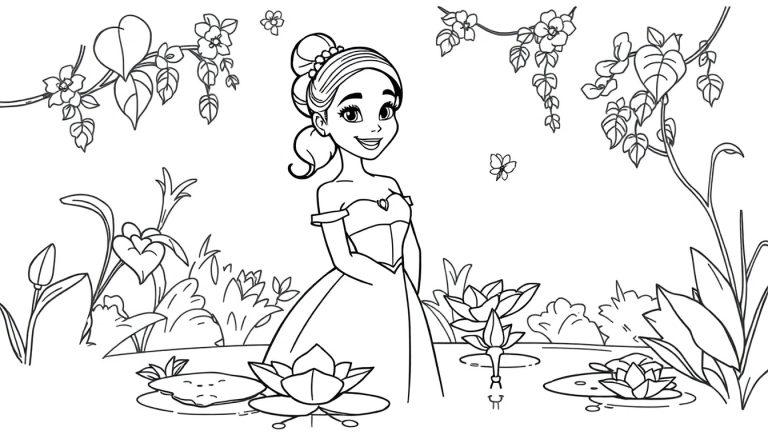 Prinzessin Tiana als Farbtafel in ihrem Ballkleid im Sumpf.
