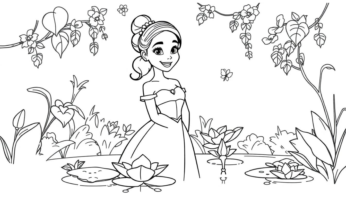 Prinzessin Tiana als Farbtafel in ihrem Ballkleid im Sumpf.