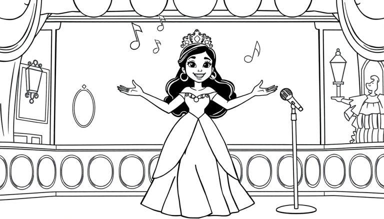 Farbtafel: Eine Cartoon-Prinzessin mit Krone auf einer Bühne, die mit einem Mikrofon singt, umgeben von Noten und einer Theaterkulisse.