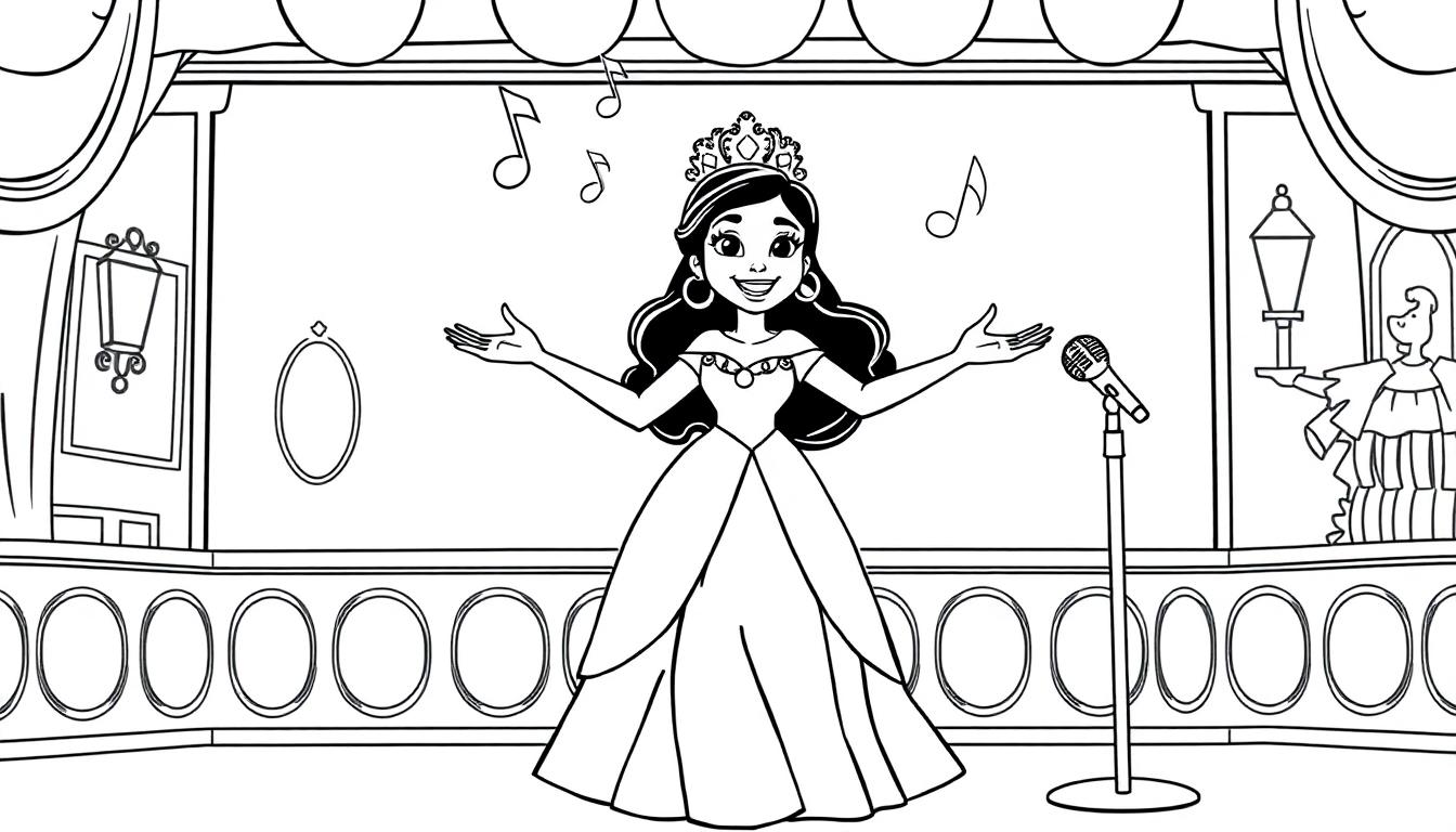 Farbtafel: Eine Cartoon-Prinzessin mit Krone auf einer Bühne, die mit einem Mikrofon singt, umgeben von Noten und einer Theaterkulisse.