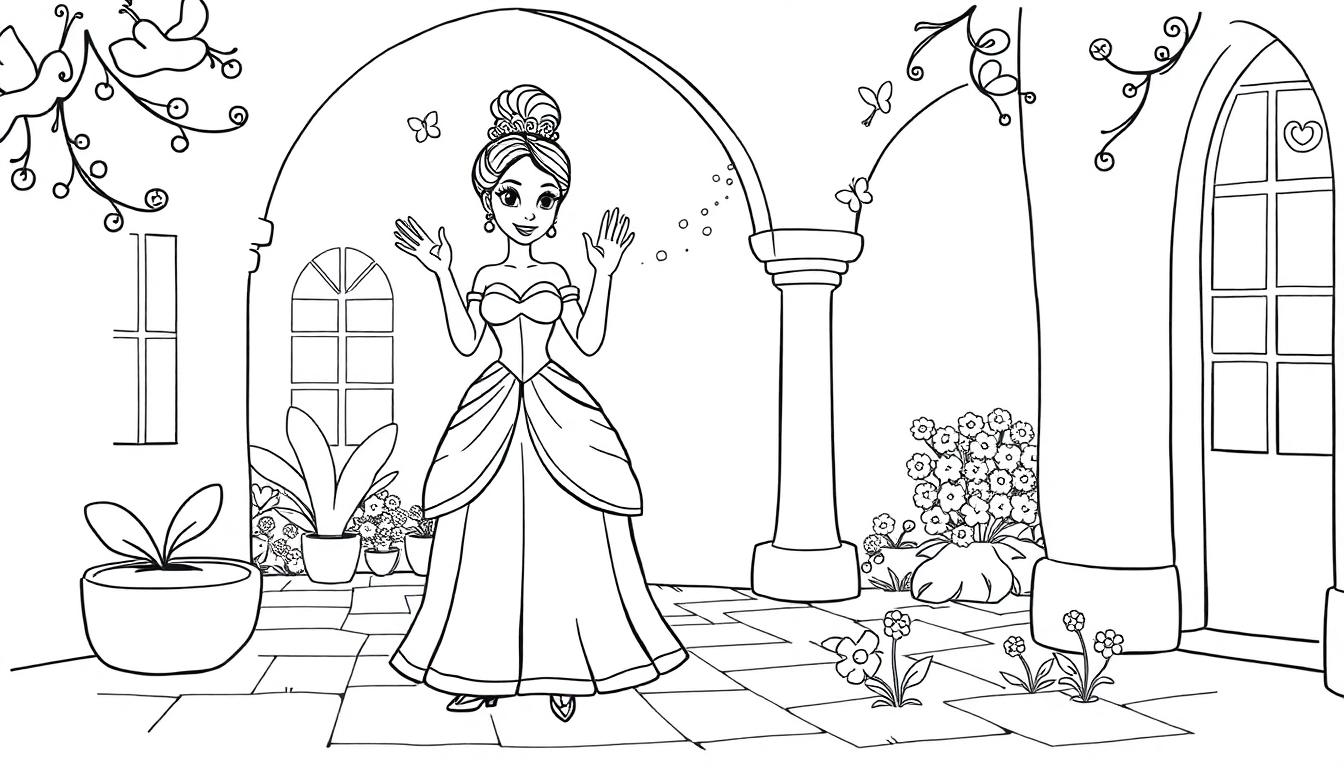 Eine schwarz-weiße Farbtafel-Zeichnung einer Prinzessin, die winkt.