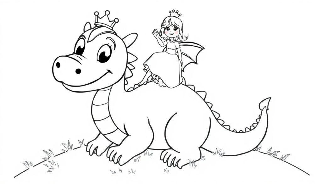 Schwarz-weiße Farbtafel: Prinzessin reitet auf einem freundlichen Drachen mit Krone.