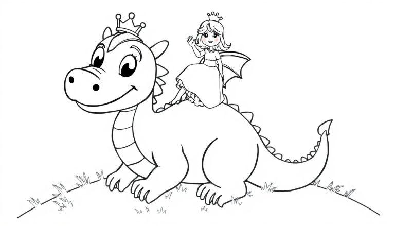 Schwarz-weiße Farbtafel: Prinzessin reitet auf einem freundlichen Drachen mit Krone.