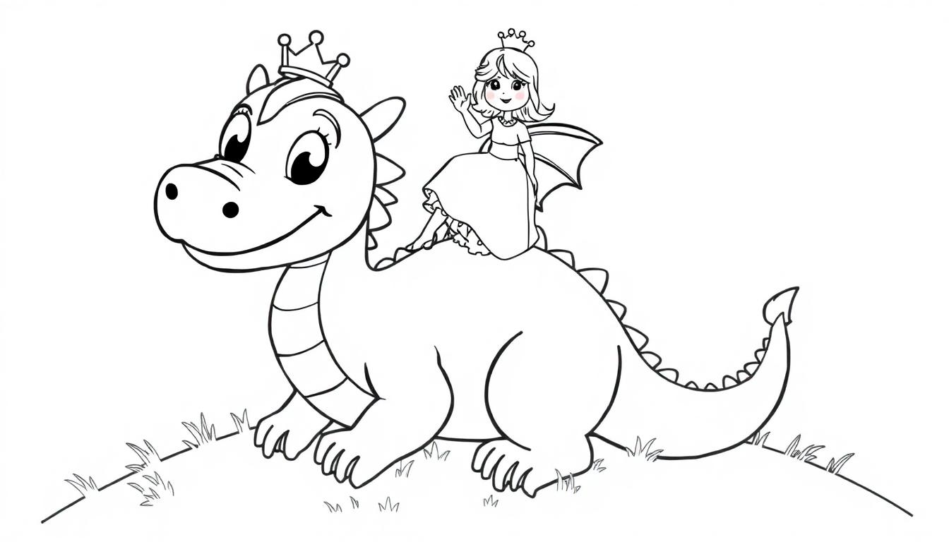 Schwarz-weiße Farbtafel: Prinzessin reitet auf einem freundlichen Drachen mit Krone.