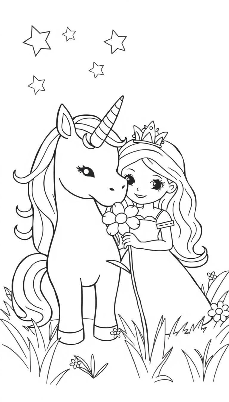 Schwarz-weiße Zeichnung einer Prinzessin und eines Einhorns mit Sternen am Himmel.