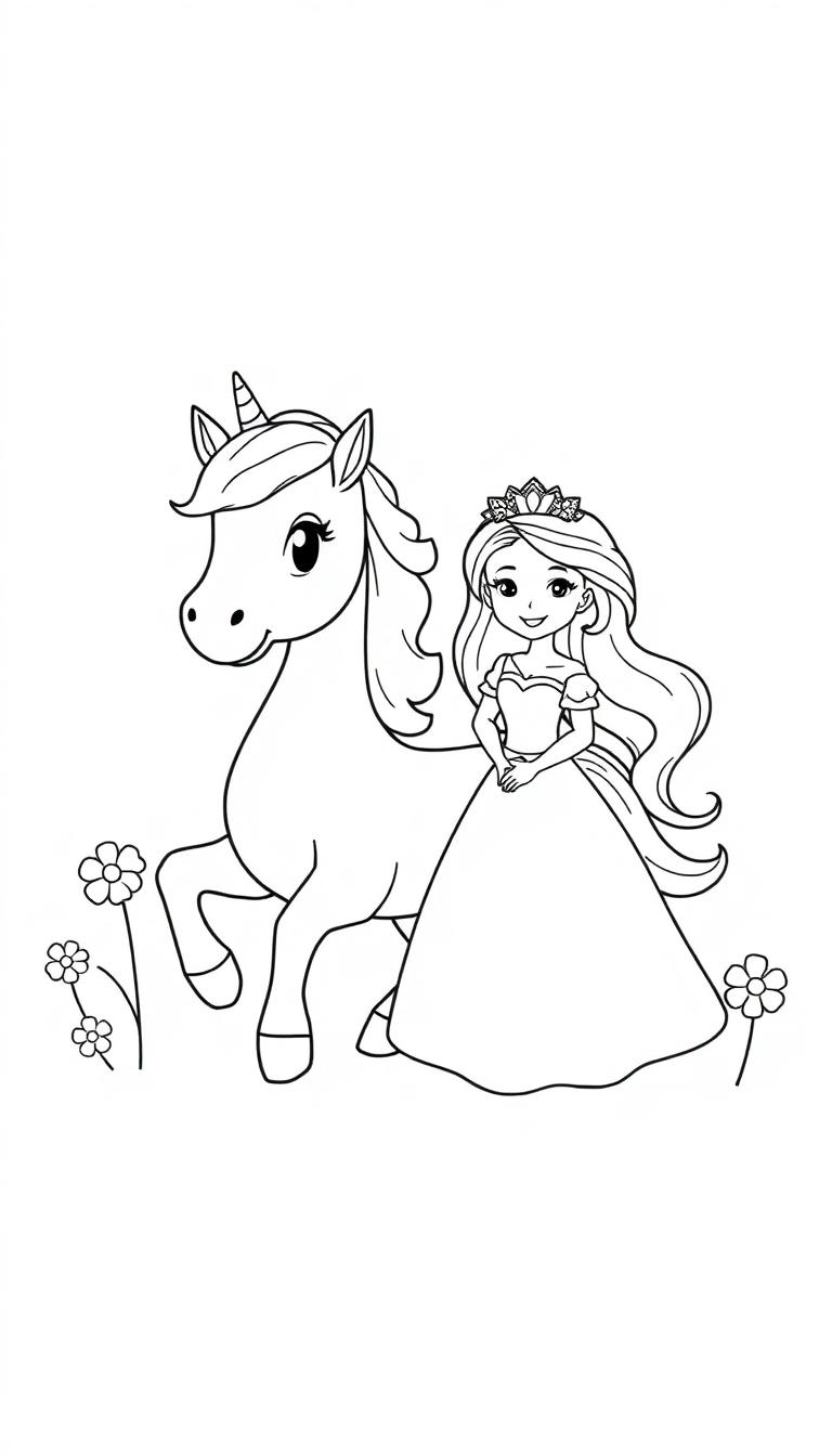 Eine Prinzessin mit einer Krone und einem Einhorn mit einem Horn auf der Stirn stehen auf einer Blumenwiese.