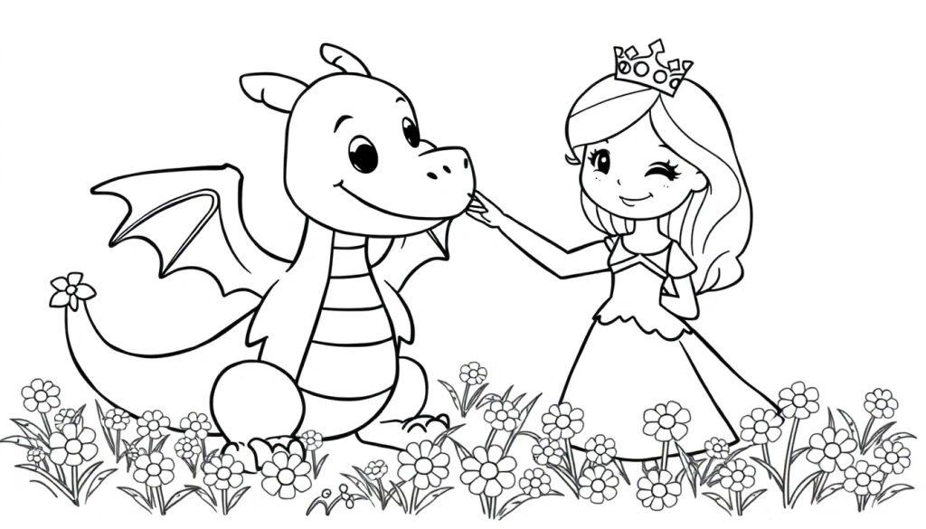 Schwarz-Weiß-Farbtafel einer Prinzessin, die einen freundlichen Drachen streichelt, umgeben von Gänseblümchen.