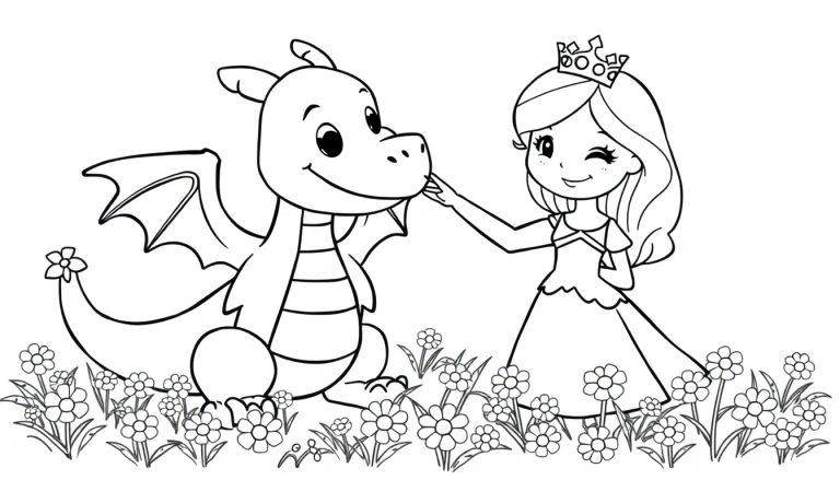 Schwarz-Weiß-Farbtafel einer Prinzessin, die einen freundlichen Drachen streichelt, umgeben von Gänseblümchen.