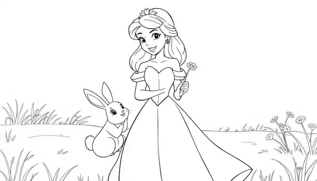 Eine lächelnde Prinzessin mit einer Blume und einem Hasen, bereit zum Ausmalen als Farbtafel.