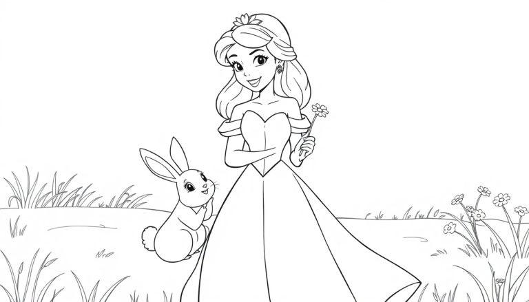Eine lächelnde Prinzessin mit einer Blume und einem Hasen, bereit zum Ausmalen als Farbtafel.