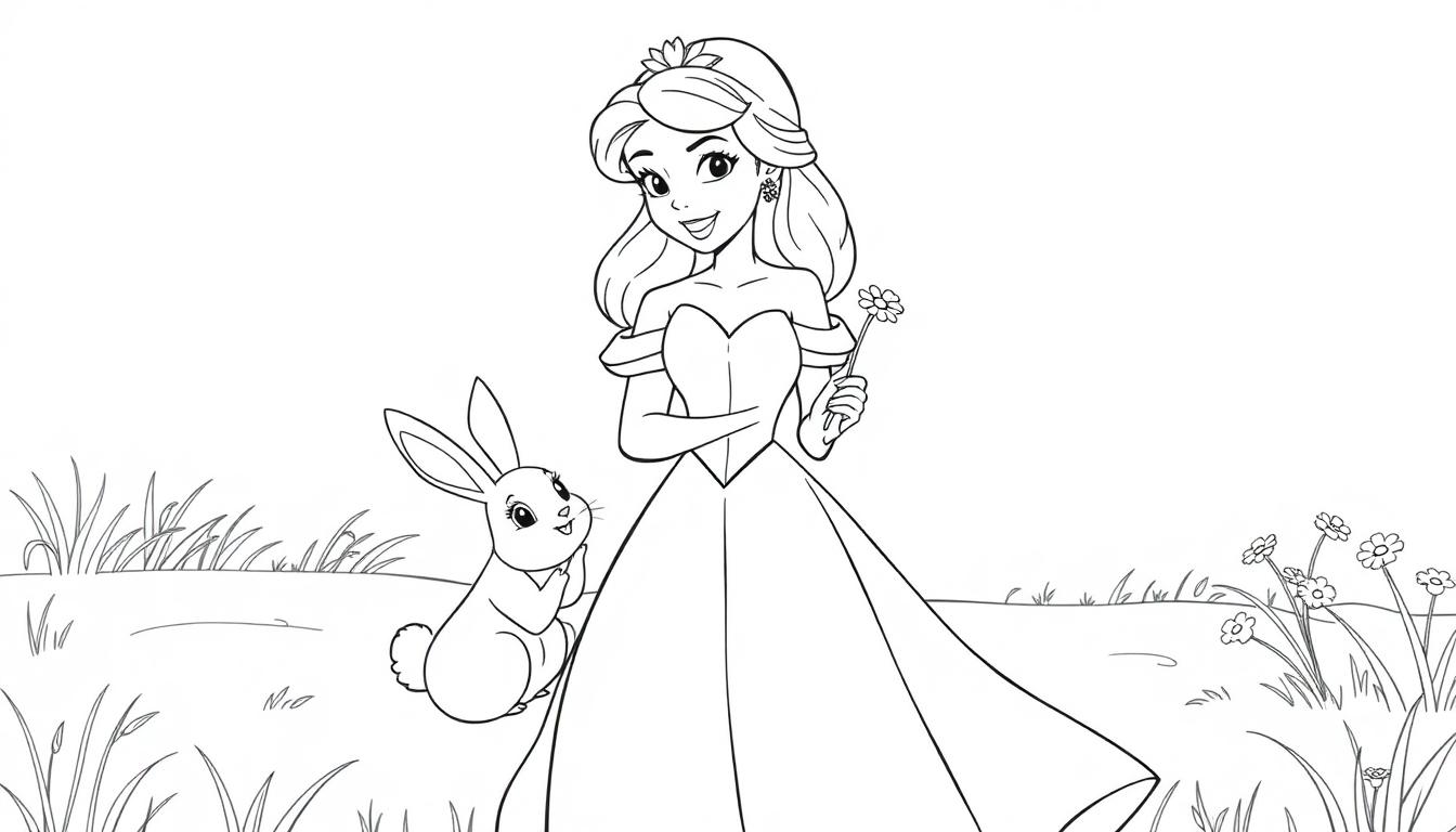 Eine lächelnde Prinzessin mit einer Blume und einem Hasen, bereit zum Ausmalen als Farbtafel.