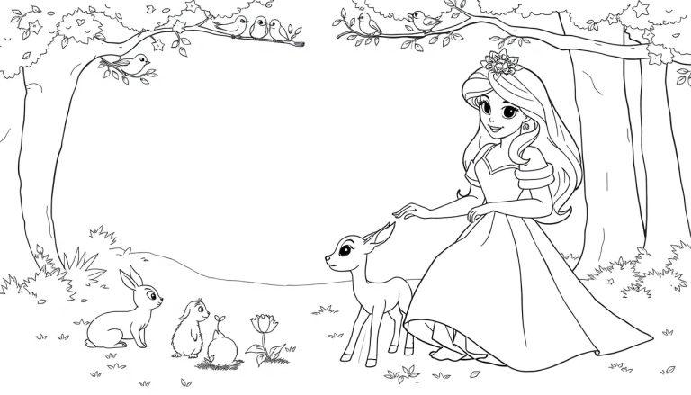 Schwarz-weiße Farbtafel einer Prinzessin im Wald mit einem Reh.