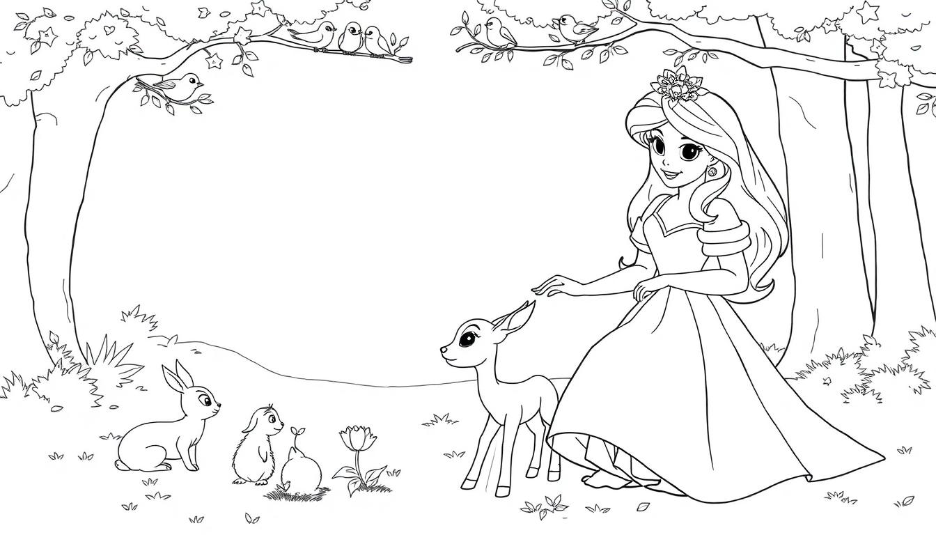 Schwarz-weiße Farbtafel einer Prinzessin im Wald mit einem Reh.