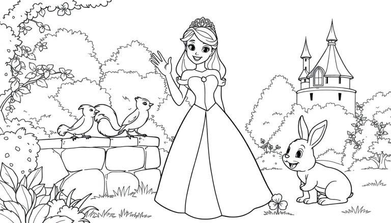 Schwarz-Weiß-Farbtafel: Prinzessin winkt Tieren im Schlossgarten zu.