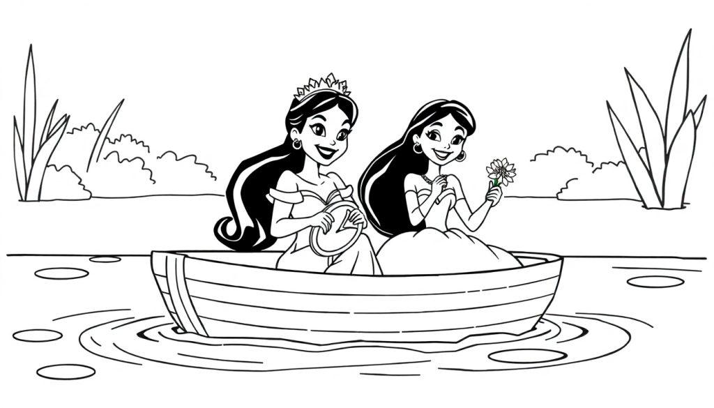 Schwarz-weiß Farbtafel einer Prinzessin, die mit einem Freund in einem Boot rudert, mit Blumen und Seerosen.