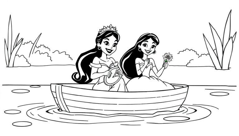 Schwarz-weiß Farbtafel einer Prinzessin, die mit einem Freund in einem Boot rudert, mit Blumen und Seerosen.