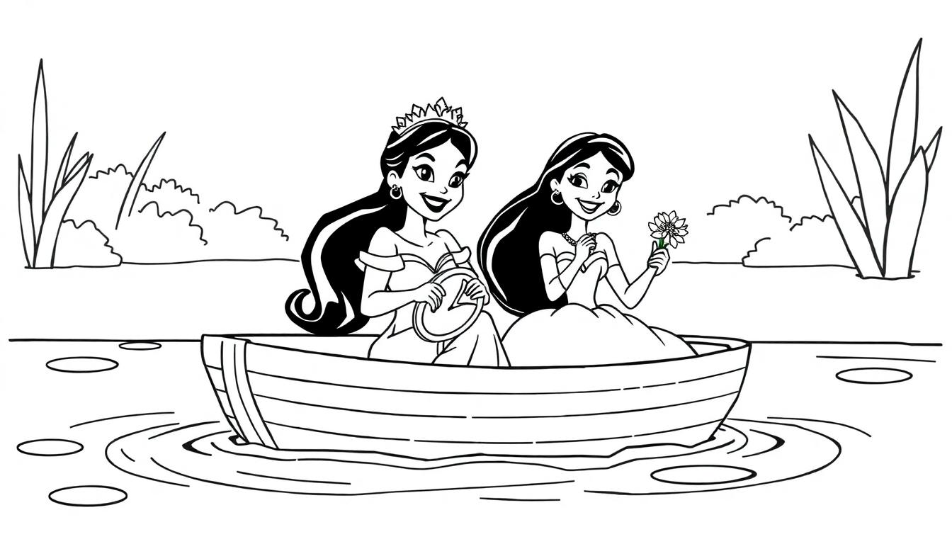 Schwarz-weiß Farbtafel einer Prinzessin, die mit einem Freund in einem Boot rudert, mit Blumen und Seerosen.