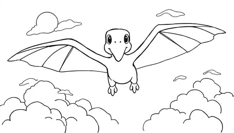 Schwarz-weiße Farbtafel eines fliegenden Pteranodons über Wolken.