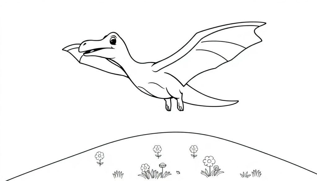 Schwarz-Weiß-Farbtafel eines freundlichen Pteranodons, der über einem grasbewachsenen Hügel fliegt.